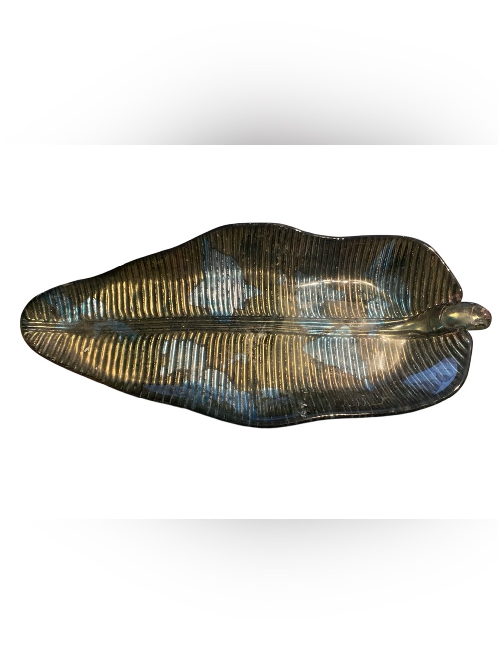 Console Banana Leaf Dish Iridescent Green-blue-gold-brown‎ Ribbed Bowl